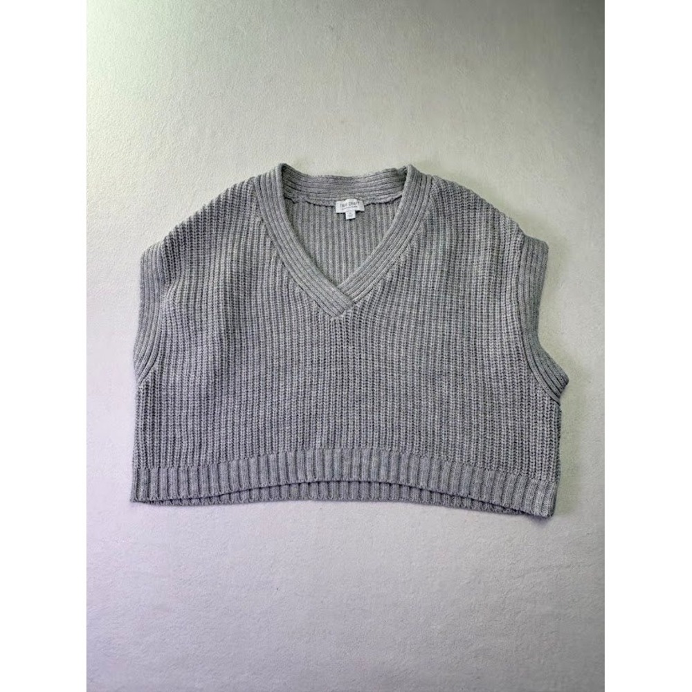 True Craft Sweater Vest Womens XL Grey Cropped V-Neck Shaker Knit Boxy